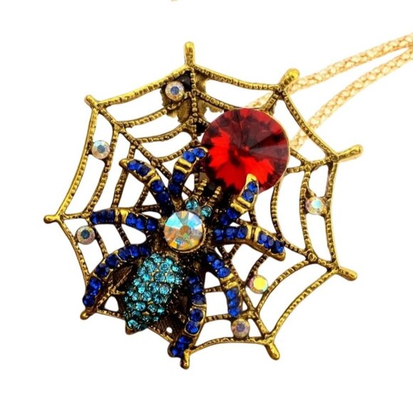 Betsey Johnson Necklace Blue Crystal Spider Web Pendant Gold Tone - Picture 1 of 3